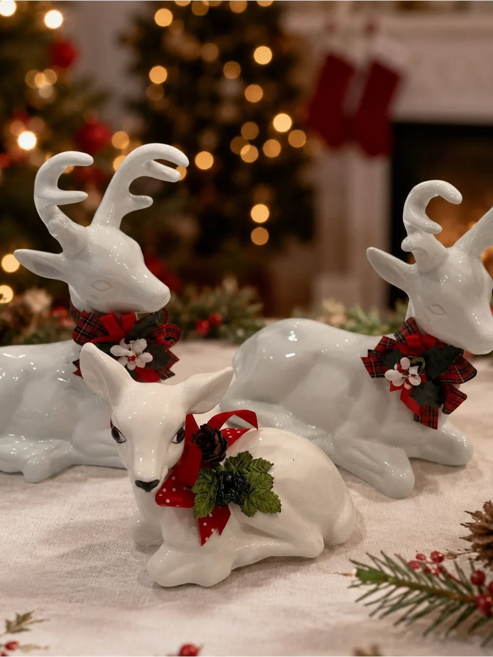 Set of 3/White Ceramic Reindeer Holiday Figurines w/ Red Plaid Bows-Christmas